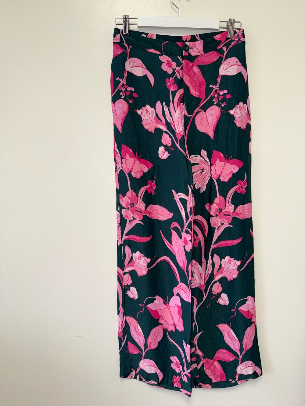 Anthropologie (4) Green Straight Pants with Pink Floral Pattern